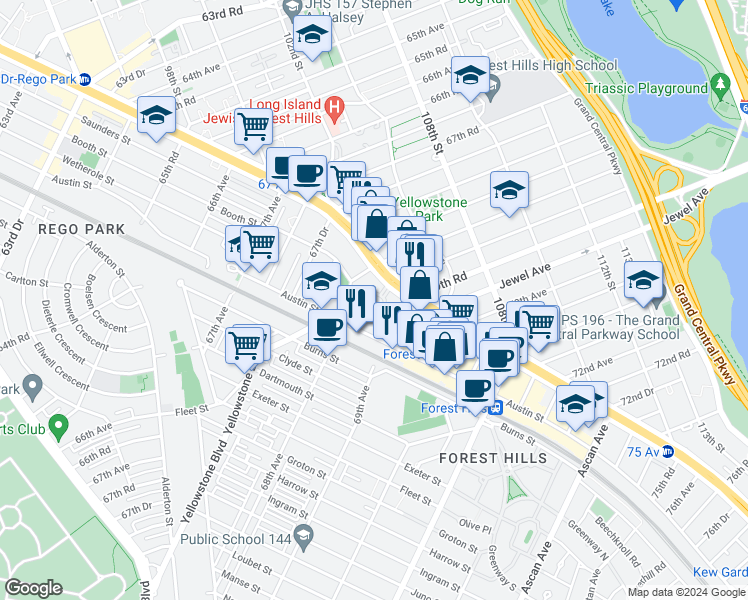 map of restaurants, bars, coffee shops, grocery stores, and more near 11821 Queens Boulevard in Queens