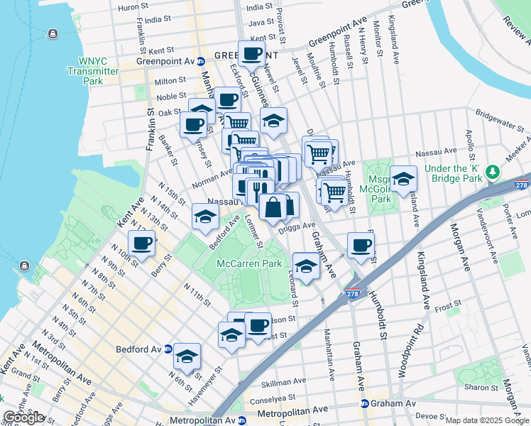 map of restaurants, bars, coffee shops, grocery stores, and more near 541 Leonard Street in Brooklyn