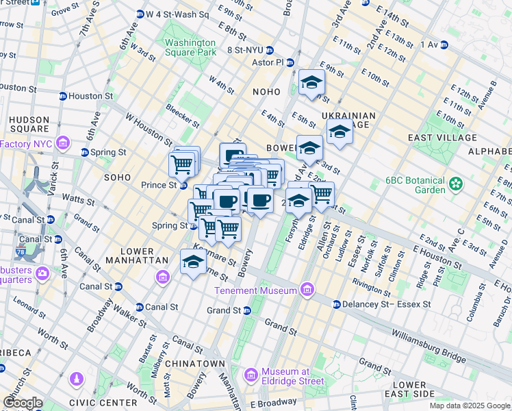 map of restaurants, bars, coffee shops, grocery stores, and more near 259 Elizabeth Street in New York