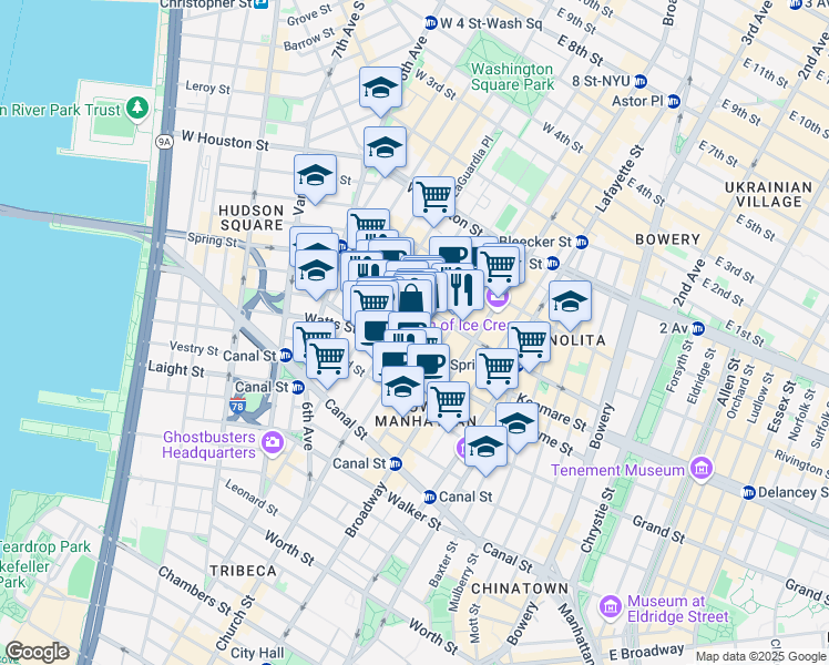 map of restaurants, bars, coffee shops, grocery stores, and more near in New York