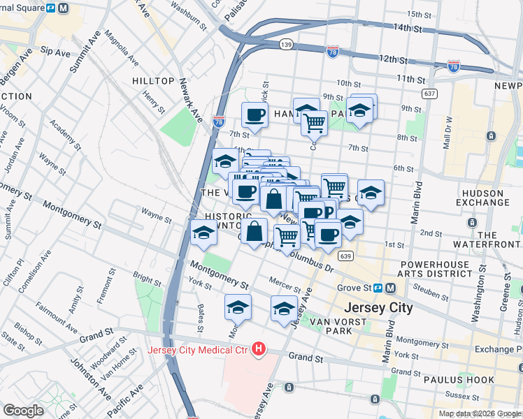 map of restaurants, bars, coffee shops, grocery stores, and more near 394 2nd Street in Jersey City