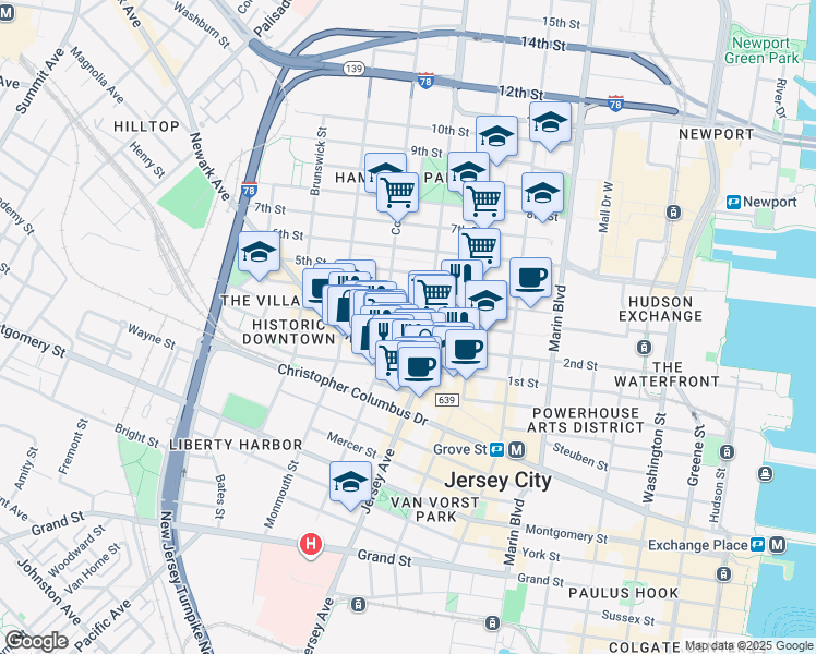 map of restaurants, bars, coffee shops, grocery stores, and more near 579 Jersey Avenue in Jersey City