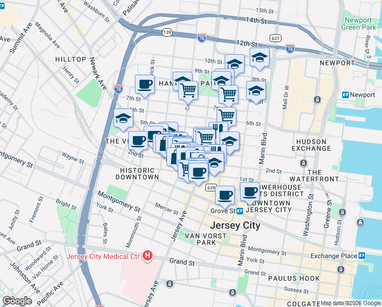 map of restaurants, bars, coffee shops, grocery stores, and more near 579 Jersey Avenue in Jersey City