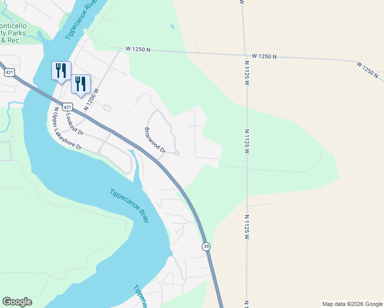 map of restaurants, bars, coffee shops, grocery stores, and more near 11601-11655 Briarwood Drive in Monticello