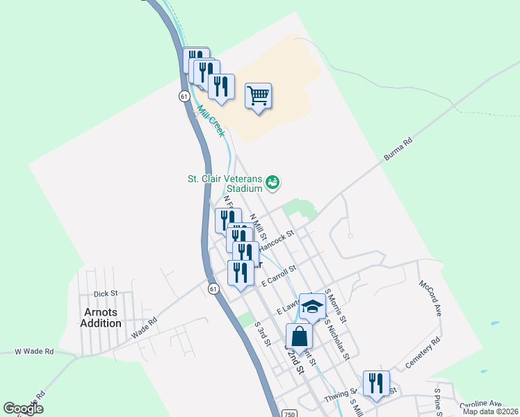 map of restaurants, bars, coffee shops, grocery stores, and more near 201 North Nicholas Street in Saint Clair