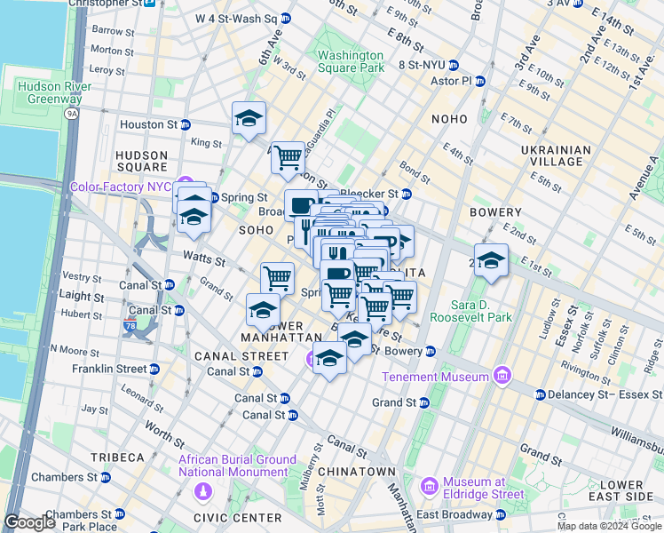 map of restaurants, bars, coffee shops, grocery stores, and more near 540 Broadway in New York