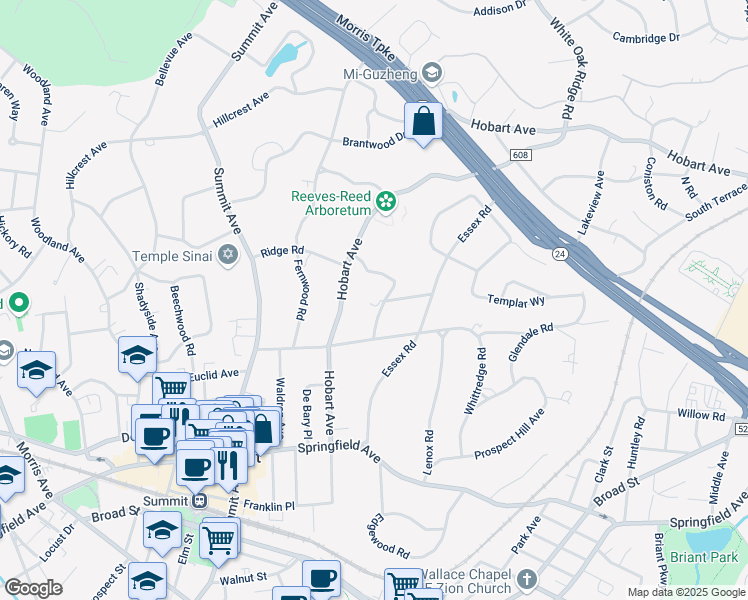 map of restaurants, bars, coffee shops, grocery stores, and more near 18 Dogwood Drive in Summit