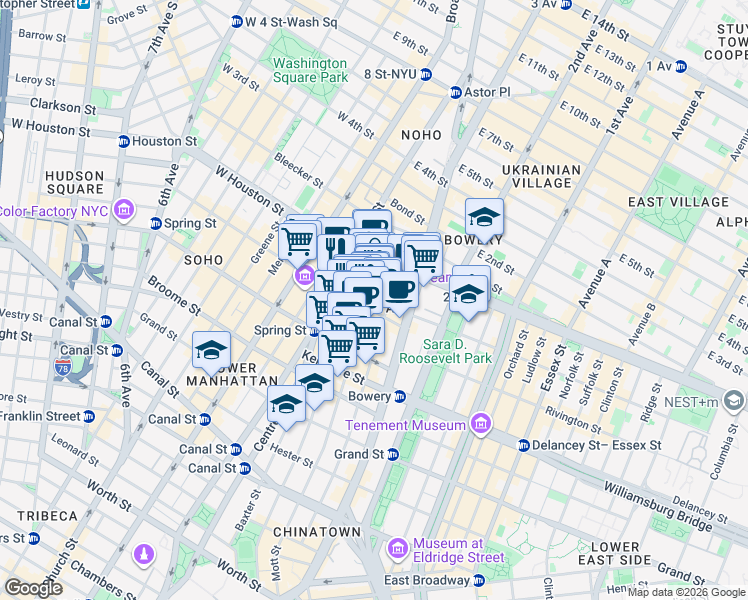 map of restaurants, bars, coffee shops, grocery stores, and more near 246 Mott Street in New York