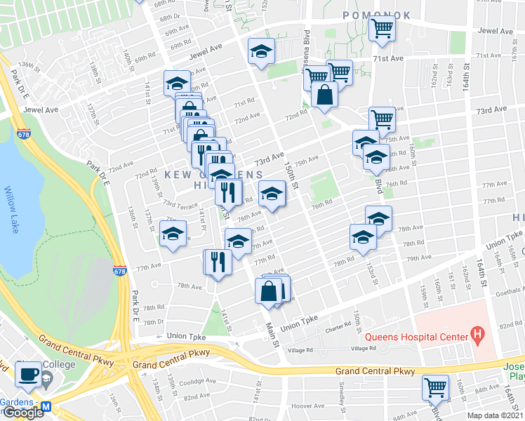 map of restaurants, bars, coffee shops, grocery stores, and more near 76th Avenue & 147th Street in Queens