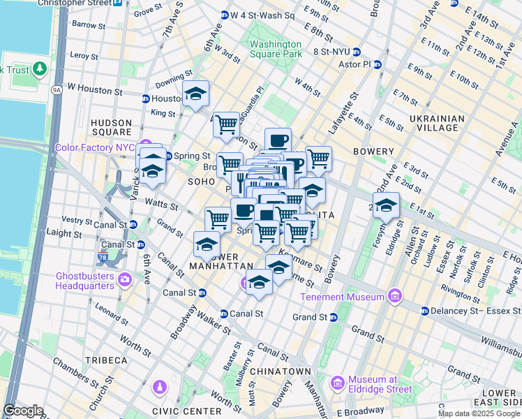 map of restaurants, bars, coffee shops, grocery stores, and more near 540 Broadway in New York