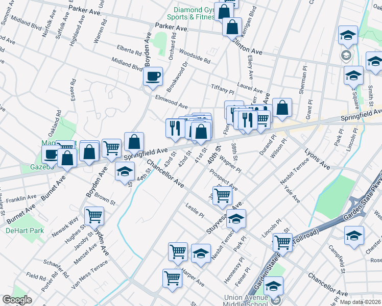 map of restaurants, bars, coffee shops, grocery stores, and more near 23 41st Street in Irvington