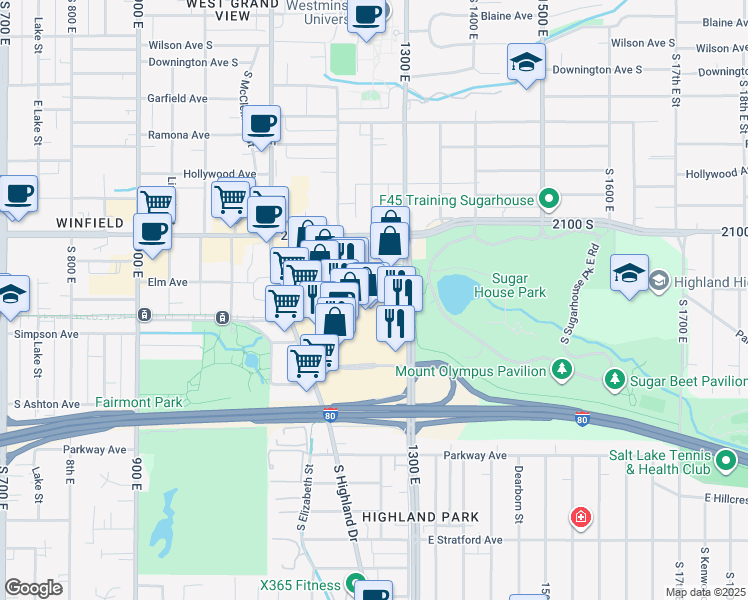 map of restaurants, bars, coffee shops, grocery stores, and more near 1251 Wilmington Avenue in Salt Lake City
