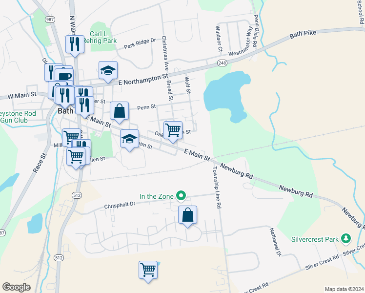 map of restaurants, bars, coffee shops, grocery stores, and more near 511 East Main Street in Bath