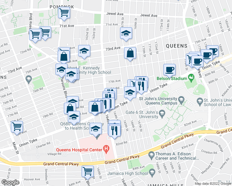 map of restaurants, bars, coffee shops, grocery stores, and more near 165-05 78th Avenue in Queens