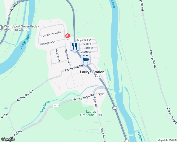map of restaurants, bars, coffee shops, grocery stores, and more near 5462 Pennsylvania 145 in Laurys Station