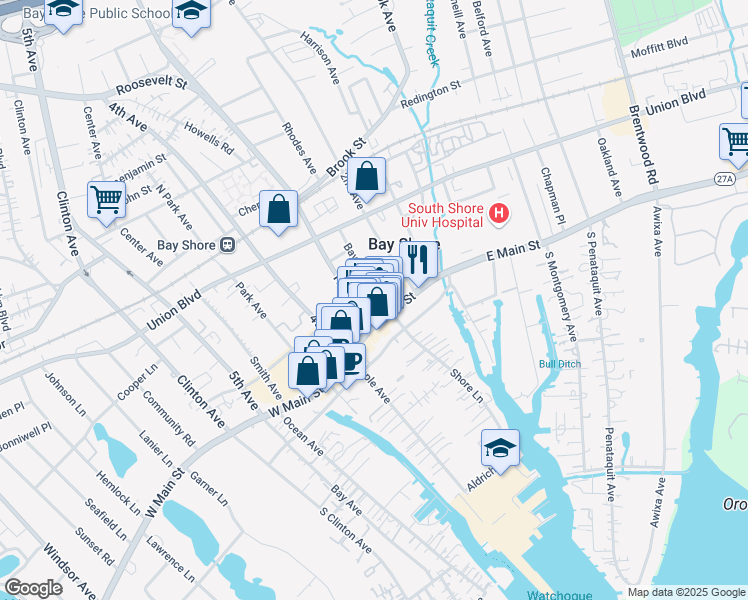 map of restaurants, bars, coffee shops, grocery stores, and more near 10 Shore Lane in Bay Shore