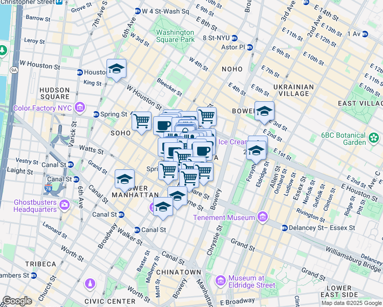 map of restaurants, bars, coffee shops, grocery stores, and more near 50 Prince Street in New York