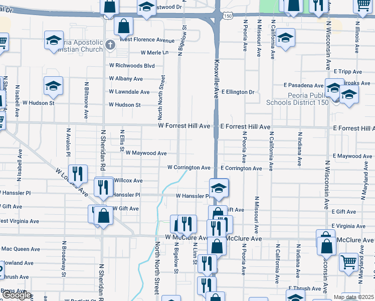 map of restaurants, bars, coffee shops, grocery stores, and more near 2928 North Bigelow Street in Peoria