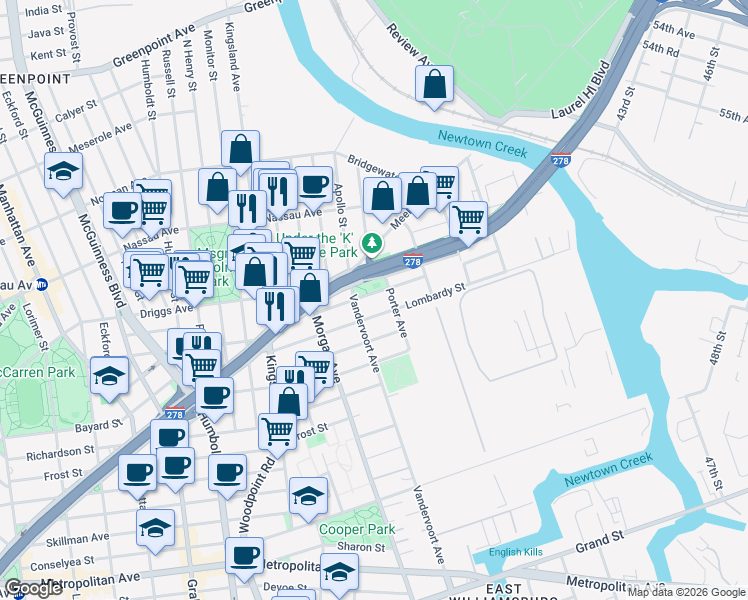 map of restaurants, bars, coffee shops, grocery stores, and more near 53 Anthony Street in Brooklyn
