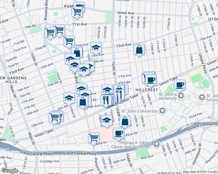 map of restaurants, bars, coffee shops, grocery stores, and more near 162-6 77th Road in Queens