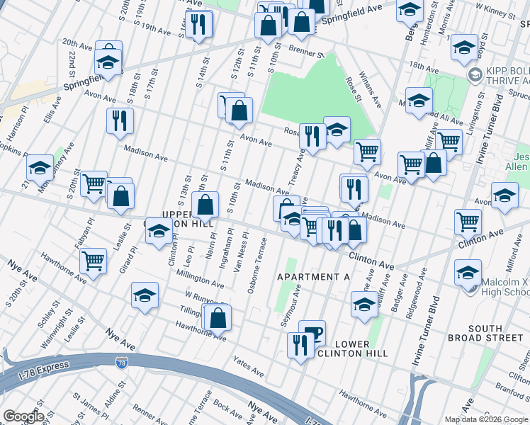 map of restaurants, bars, coffee shops, grocery stores, and more near 86 Baldwin Avenue in Newark