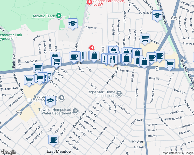 map of restaurants, bars, coffee shops, grocery stores, and more near 2269 1st Street in East Meadow