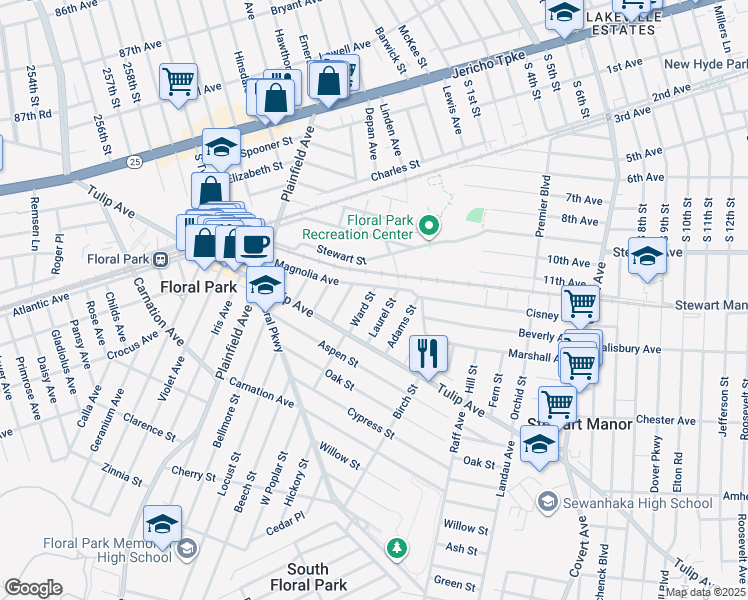 map of restaurants, bars, coffee shops, grocery stores, and more near 35 Concord Street in Floral Park