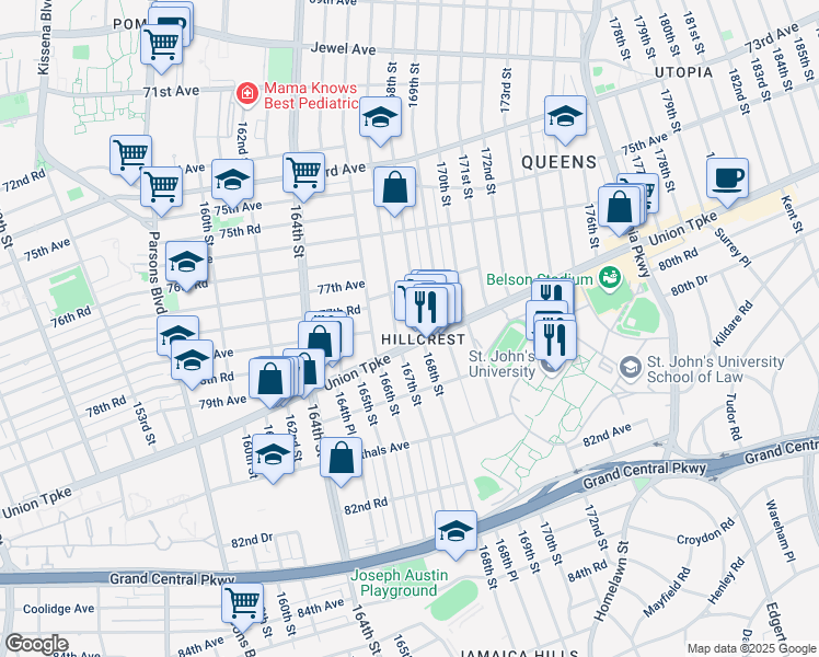 map of restaurants, bars, coffee shops, grocery stores, and more near 168-04 Union Turnpike in Queens