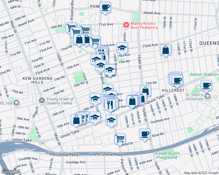 map of restaurants, bars, coffee shops, grocery stores, and more near 158-29 77th Road in Queens