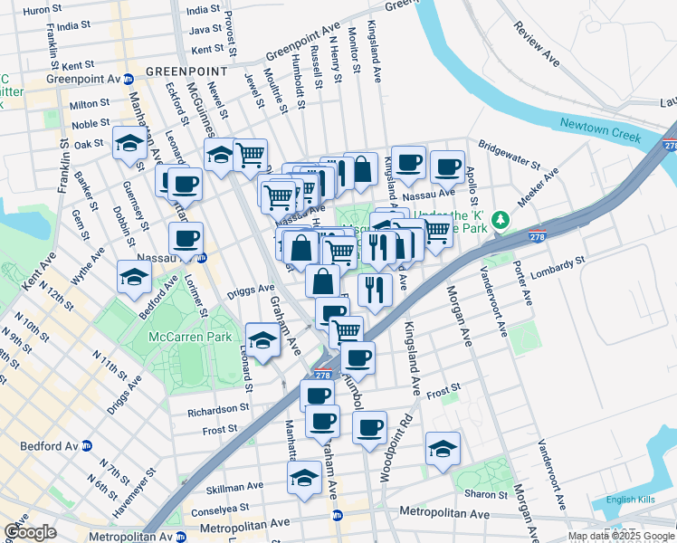 map of restaurants, bars, coffee shops, grocery stores, and more near 81 Russell Street in Brooklyn