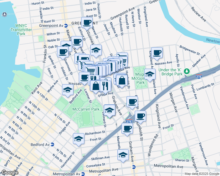 map of restaurants, bars, coffee shops, grocery stores, and more near 112 Eckford Street in Brooklyn