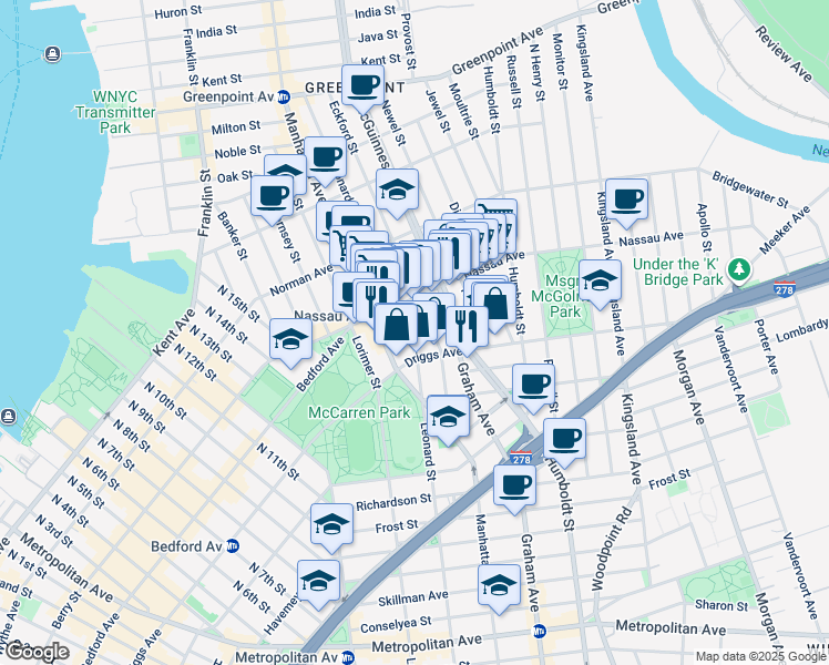 map of restaurants, bars, coffee shops, grocery stores, and more near 112 Eckford Street in Brooklyn