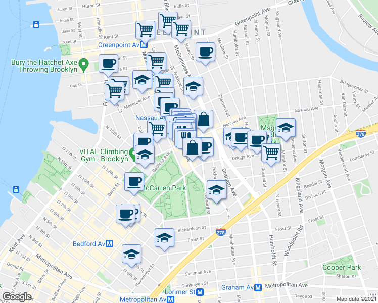 map of restaurants, bars, coffee shops, grocery stores, and more near 541 Leonard Street in Brooklyn