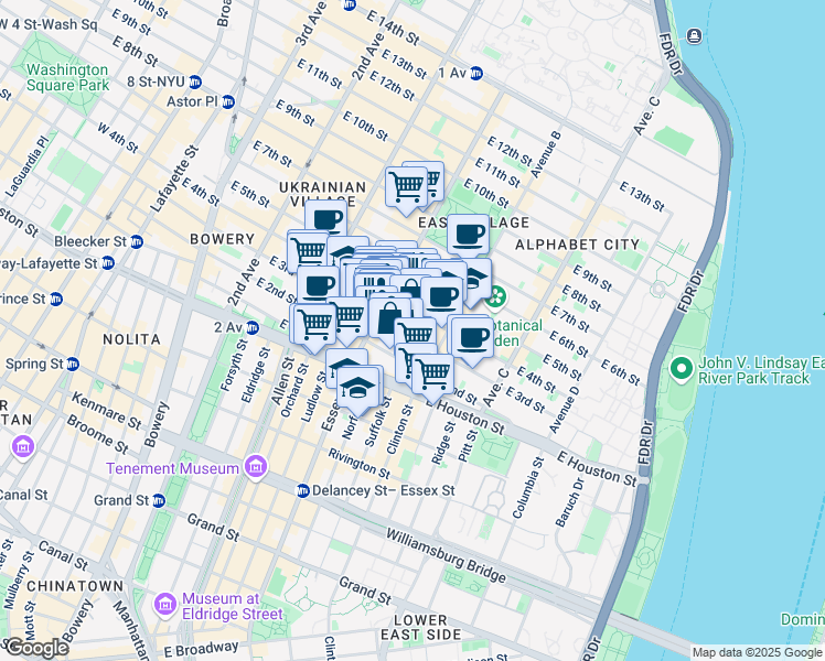 map of restaurants, bars, coffee shops, grocery stores, and more near 173 East 3rd Street in New York