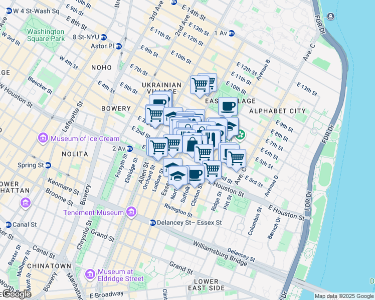 map of restaurants, bars, coffee shops, grocery stores, and more near 173 East 3rd Street in New York