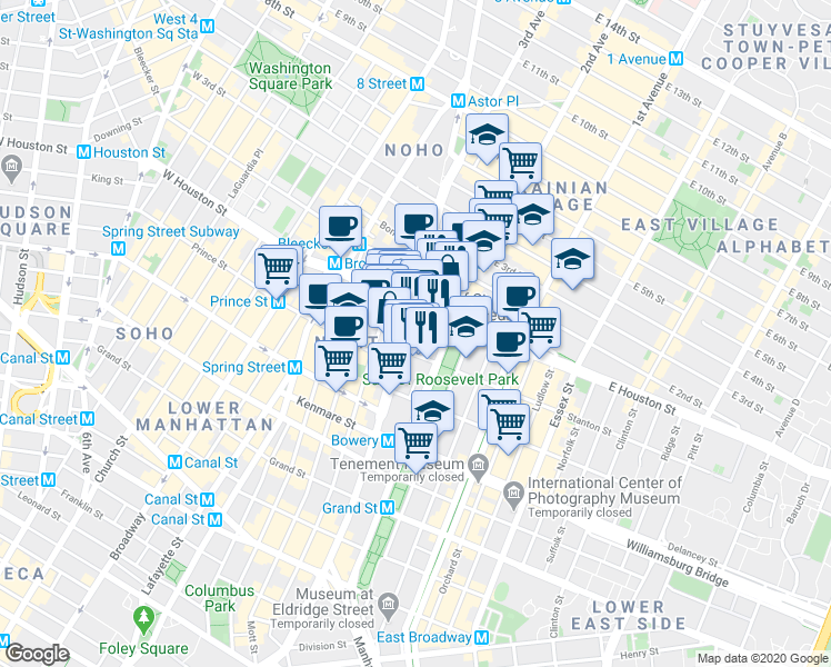 map of restaurants, bars, coffee shops, grocery stores, and more near 9317 East Houston Street in New York