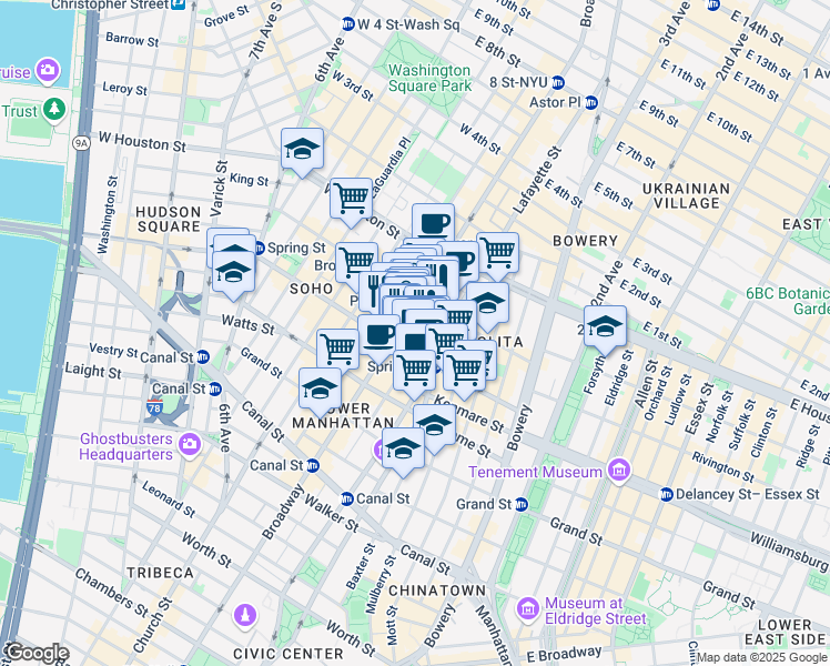 map of restaurants, bars, coffee shops, grocery stores, and more near 543 Broadway in New York
