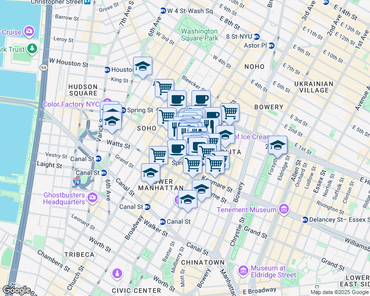 map of restaurants, bars, coffee shops, grocery stores, and more near 543 Broadway in New York