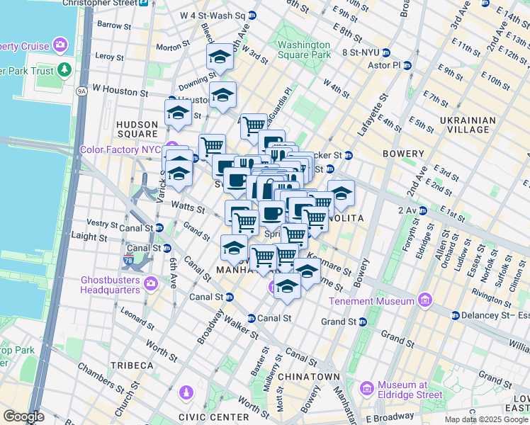 map of restaurants, bars, coffee shops, grocery stores, and more near 533 Broadway in New York