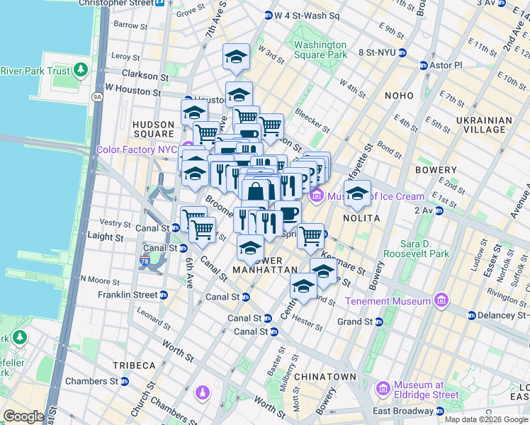 map of restaurants, bars, coffee shops, grocery stores, and more near in New York
