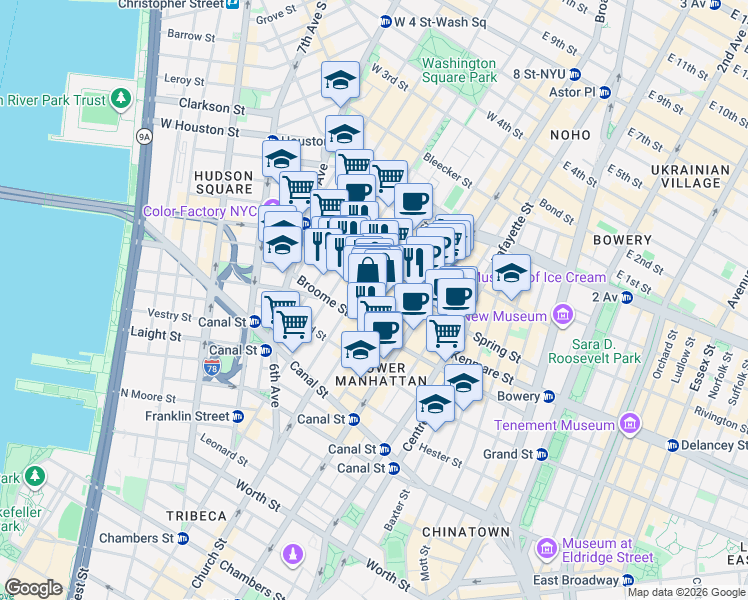 map of restaurants, bars, coffee shops, grocery stores, and more near in New York