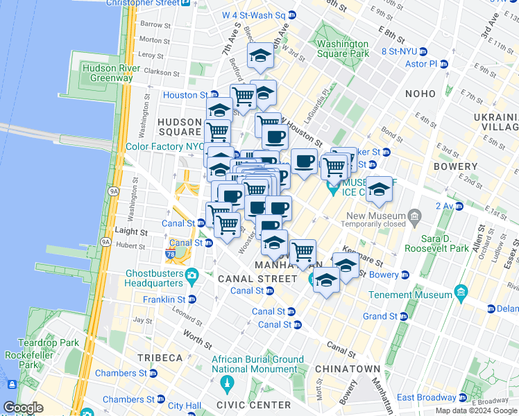 map of restaurants, bars, coffee shops, grocery stores, and more near 418 Broome Street in New York