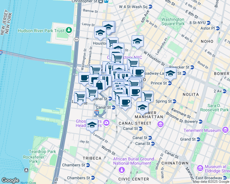 map of restaurants, bars, coffee shops, grocery stores, and more near 101 6th Avenue in New York