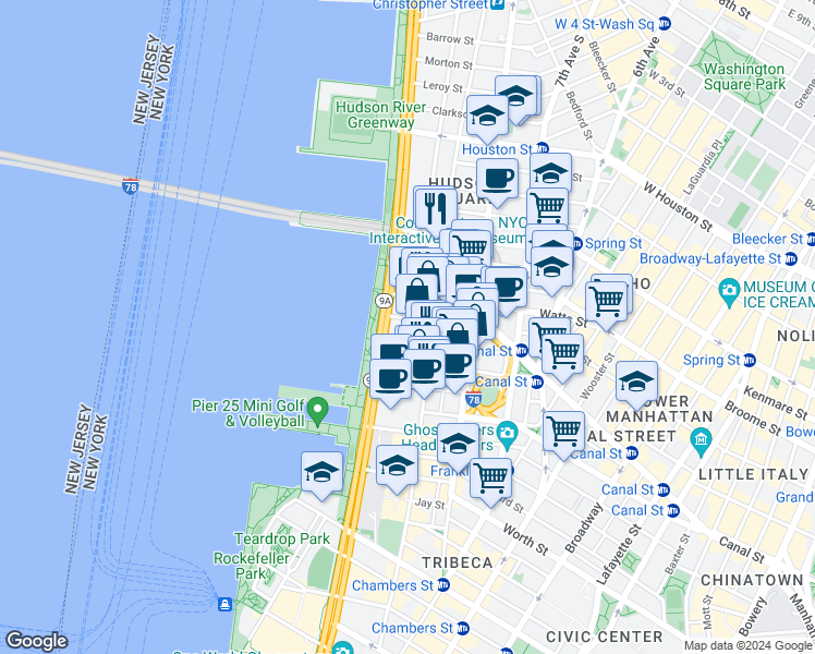 map of restaurants, bars, coffee shops, grocery stores, and more near in New York