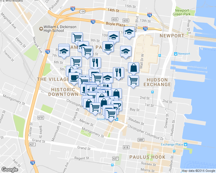 map of restaurants, bars, coffee shops, grocery stores, and more near 234 3rd Street in Jersey City