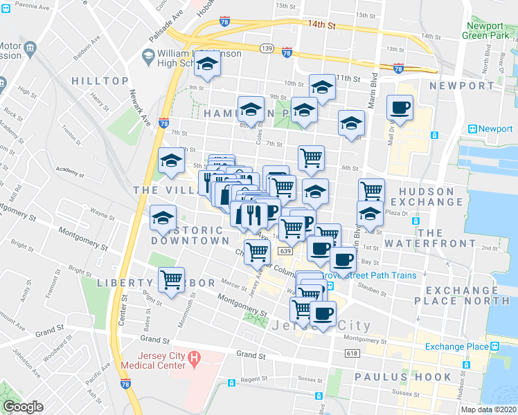 map of restaurants, bars, coffee shops, grocery stores, and more near 49 Coles Street in Jersey City