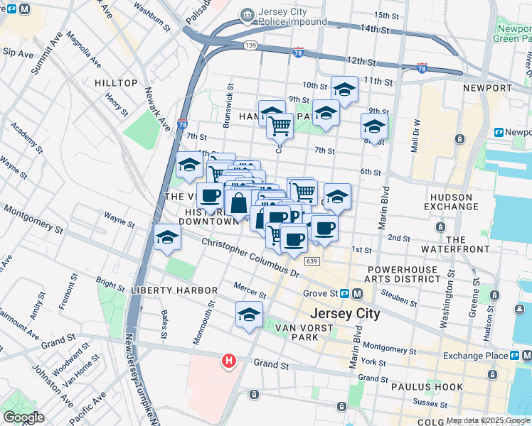 map of restaurants, bars, coffee shops, grocery stores, and more near 49 Coles Street in Jersey City