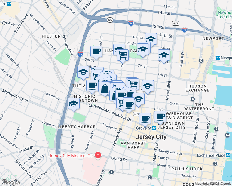 map of restaurants, bars, coffee shops, grocery stores, and more near 49 Coles Street in Jersey City
