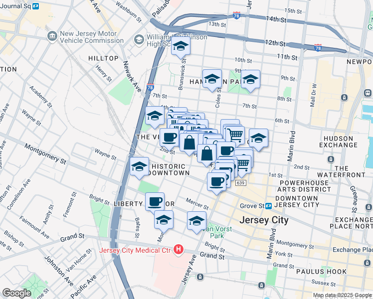 map of restaurants, bars, coffee shops, grocery stores, and more near 323 3rd Street in Jersey City