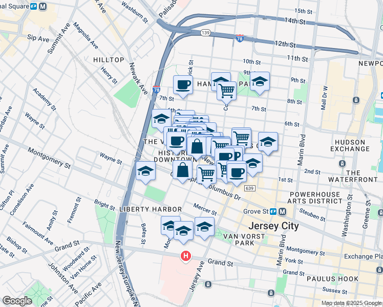 map of restaurants, bars, coffee shops, grocery stores, and more near 394 2nd Street in Jersey City